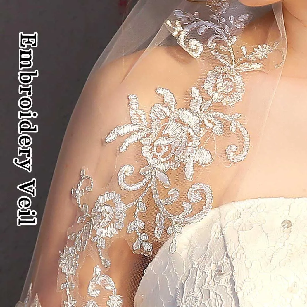 2 tier Lace Wedding Veils for Brides Short Waist Length Bridal Veil With Comb for Brides