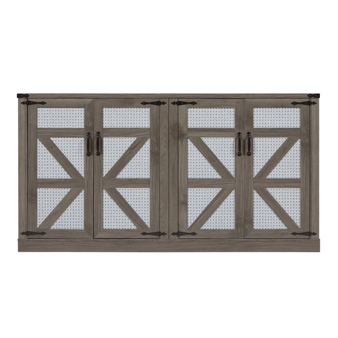 65-Inch Slate Gray Faux Rattan Sideboard, Rustic 4-Door Storage for Living Room, Entryway, Bedroom, Dining Room