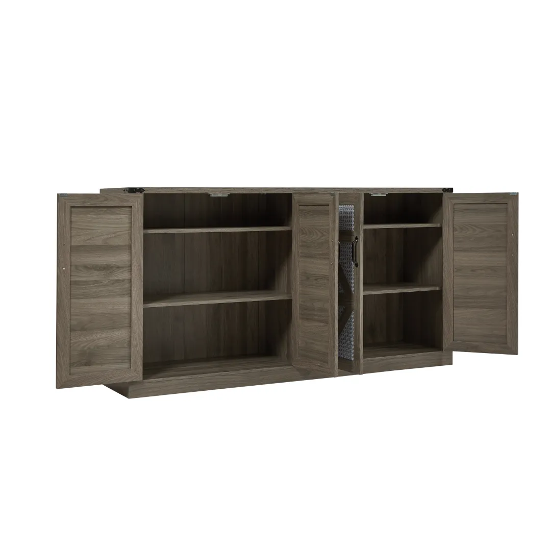 65-Inch Slate Gray Faux Rattan Sideboard, Rustic 4-Door Storage for Living Room, Entryway, Bedroom, Dining Room