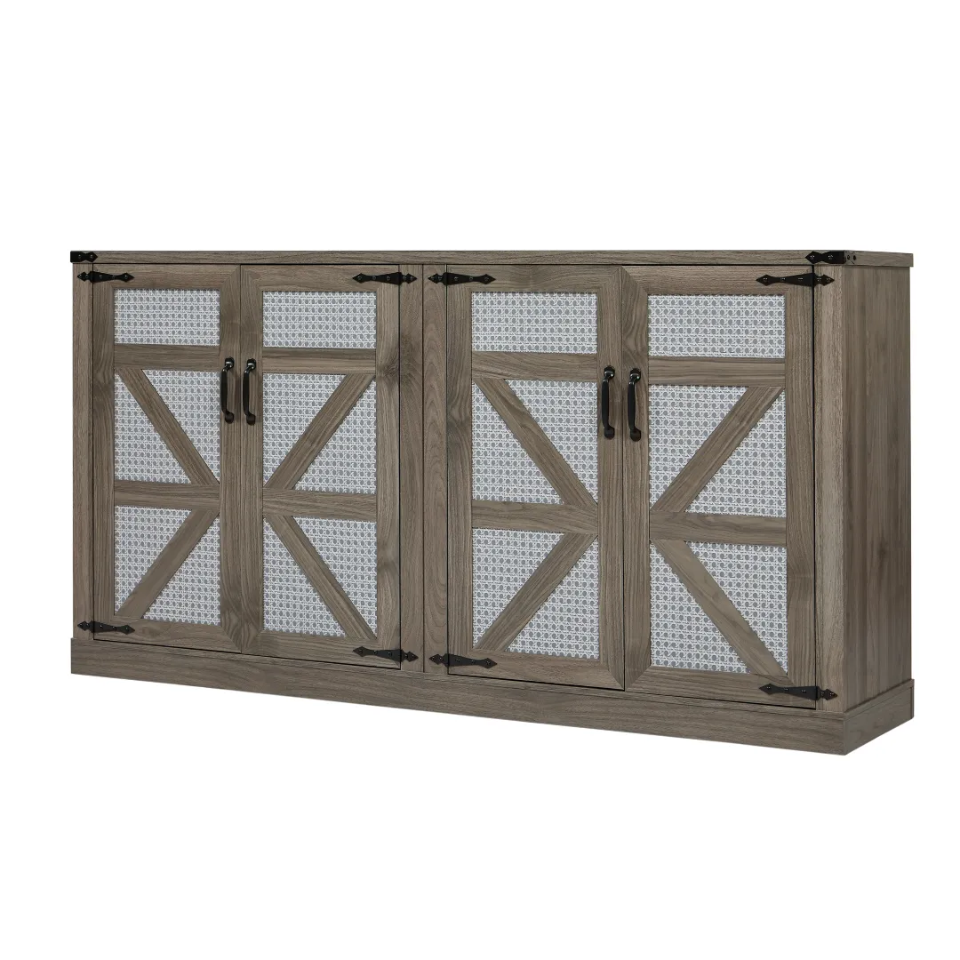 65-Inch Slate Gray Faux Rattan Sideboard, Rustic 4-Door Storage for Living Room, Entryway, Bedroom, Dining Room