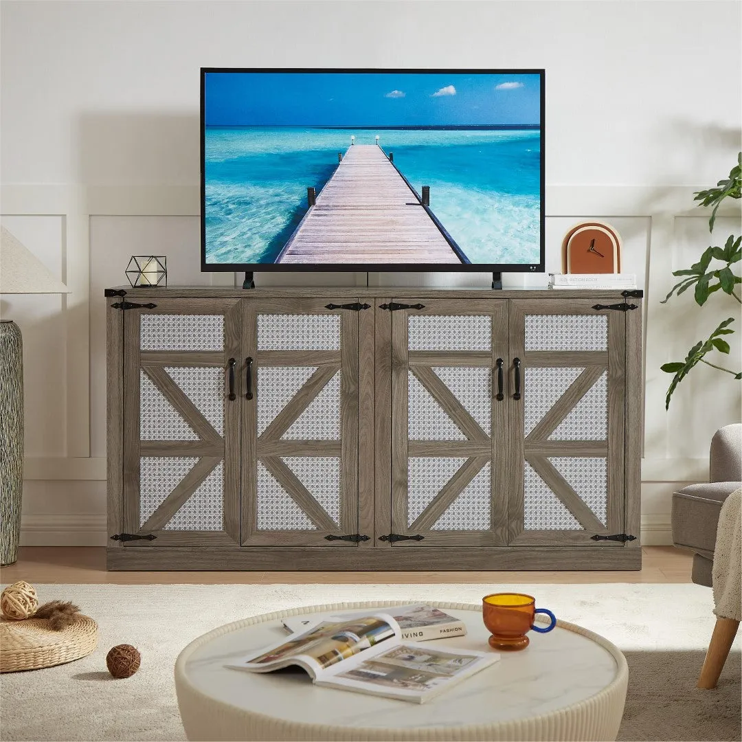 65-Inch Slate Gray Faux Rattan Sideboard, Rustic 4-Door Storage for Living Room, Entryway, Bedroom, Dining Room