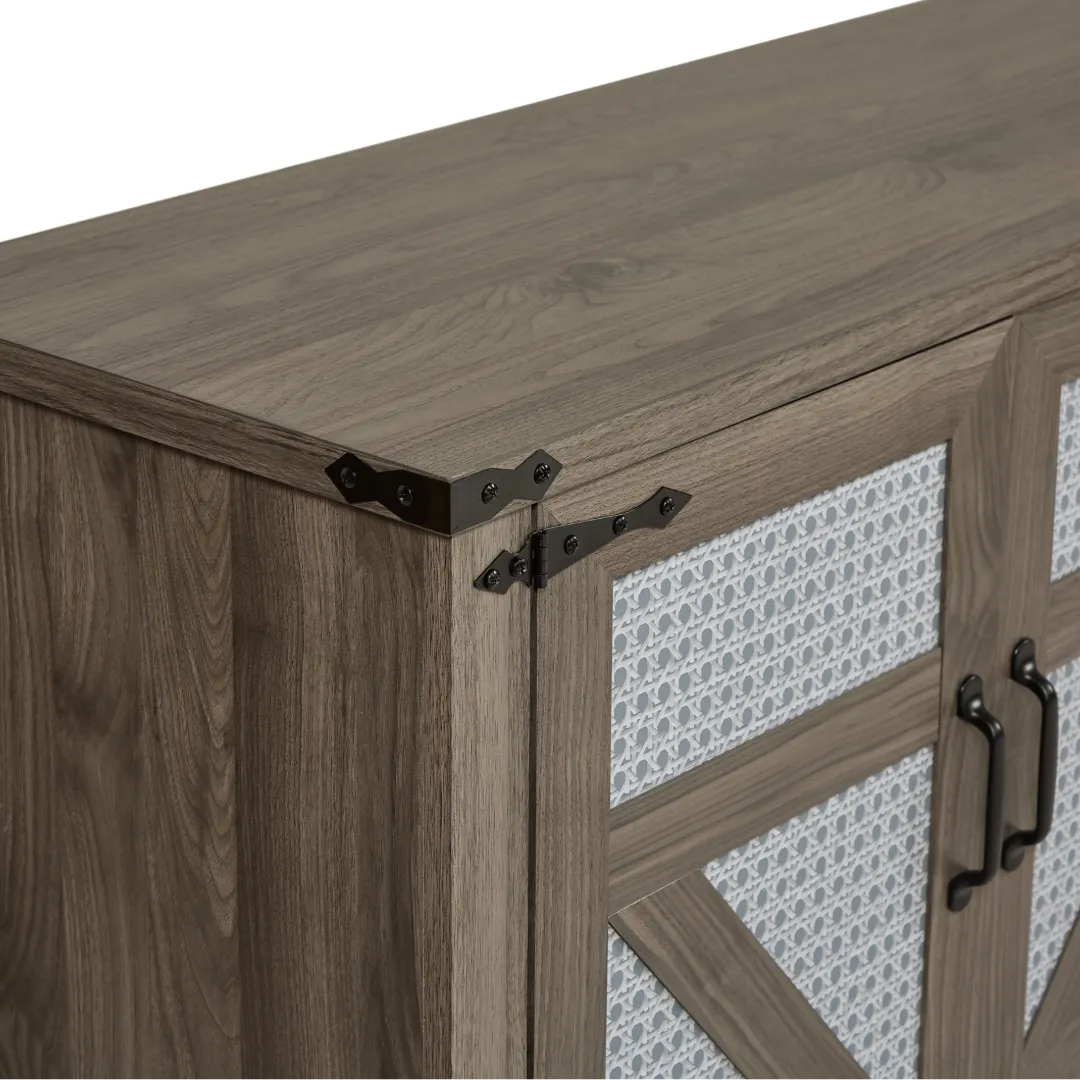 65-Inch Slate Gray Faux Rattan Sideboard, Rustic 4-Door Storage for Living Room, Entryway, Bedroom, Dining Room