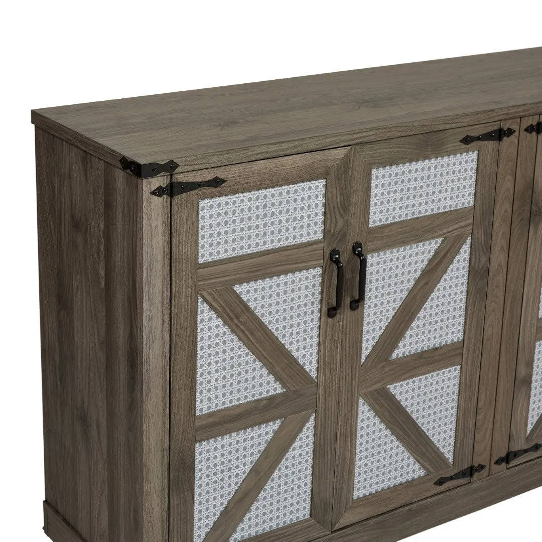 65-Inch Slate Gray Faux Rattan Sideboard, Rustic 4-Door Storage for Living Room, Entryway, Bedroom, Dining Room