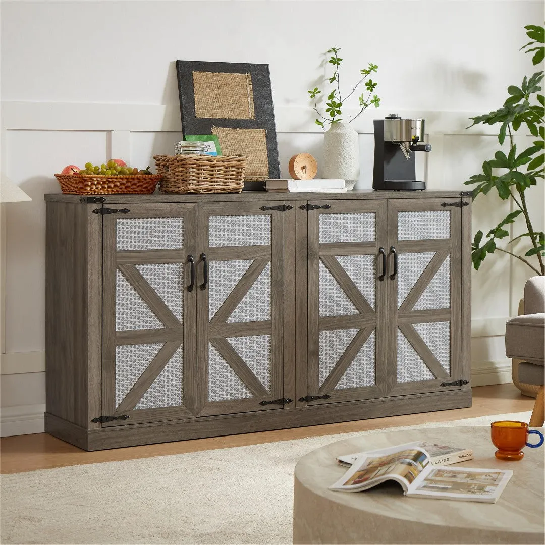 65-Inch Slate Gray Faux Rattan Sideboard, Rustic 4-Door Storage for Living Room, Entryway, Bedroom, Dining Room