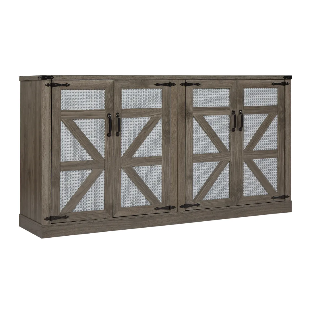 65-Inch Slate Gray Faux Rattan Sideboard, Rustic 4-Door Storage for Living Room, Entryway, Bedroom, Dining Room