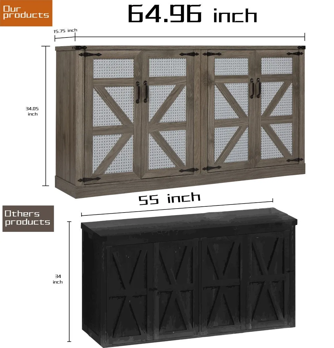 65-Inch Slate Gray Faux Rattan Sideboard, Rustic 4-Door Storage for Living Room, Entryway, Bedroom, Dining Room