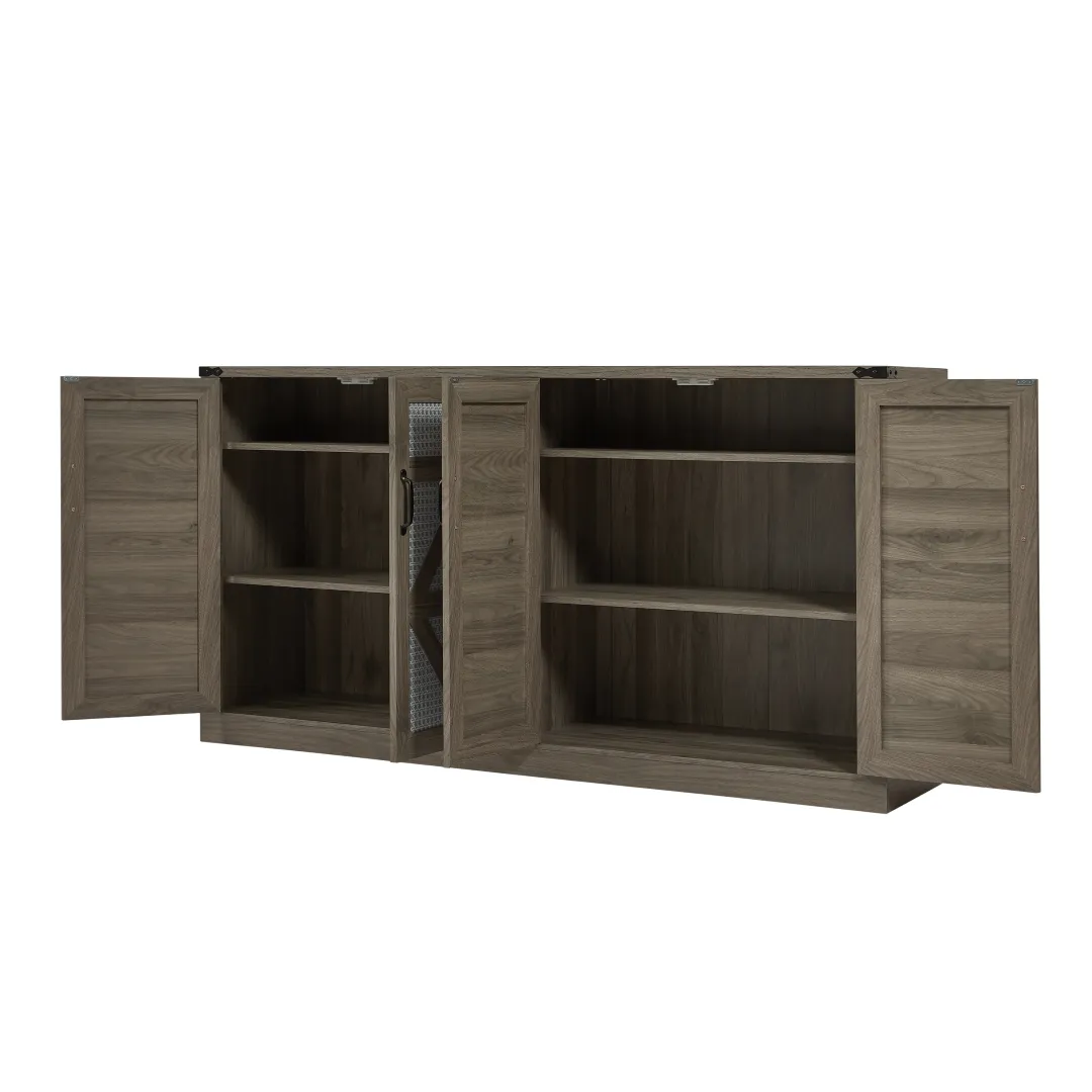 65-Inch Slate Gray Faux Rattan Sideboard, Rustic 4-Door Storage for Living Room, Entryway, Bedroom, Dining Room
