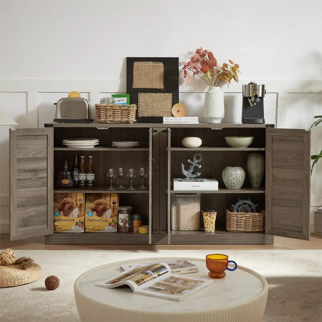 65-Inch Slate Gray Faux Rattan Sideboard, Rustic 4-Door Storage for Living Room, Entryway, Bedroom, Dining Room