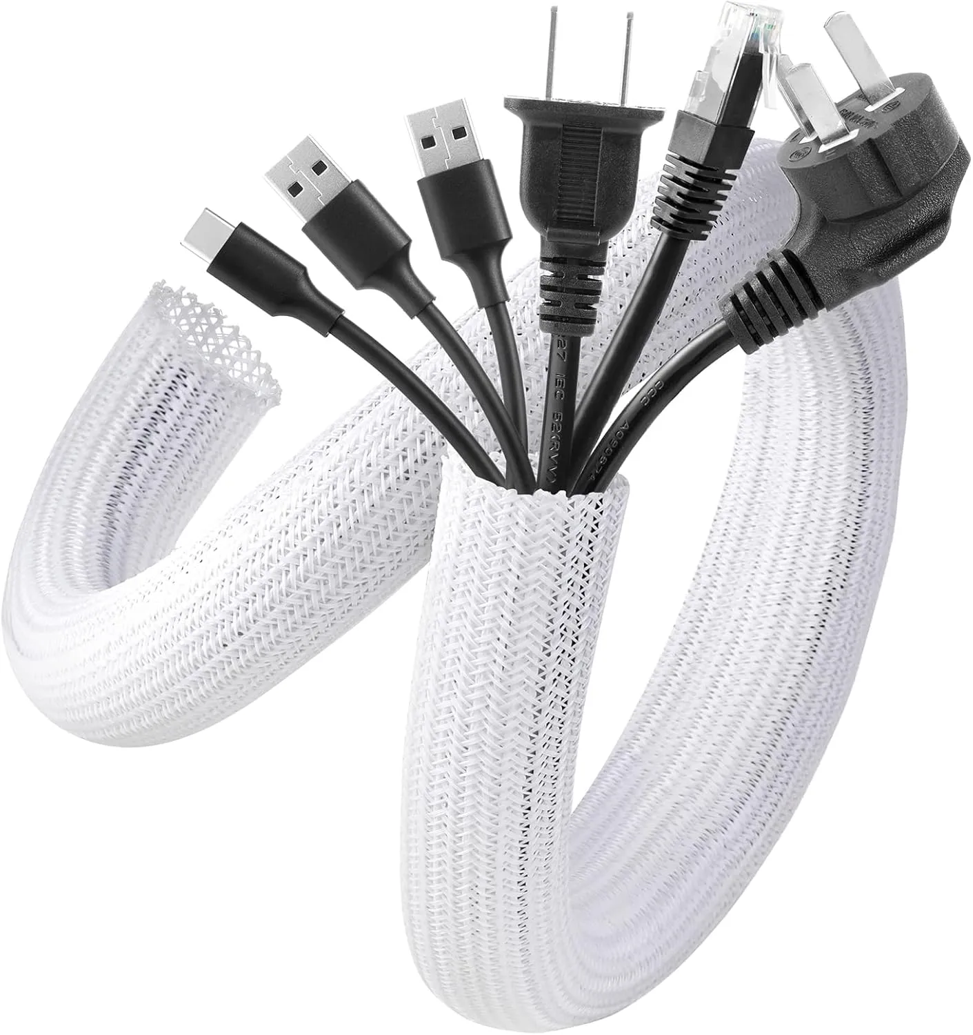 AGPTEK White Cable Sleeve Cover, 2 Pack 5ft - 1.2 inch Cord Management Wire Organizer Under Desk, Home Office Computer Wire Cover Hider Cord Protector, Protect Pet Cat Dog from Chewing, White