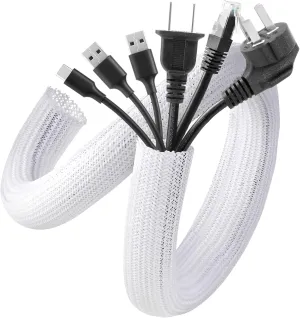 AGPTEK White Cable Sleeve Cover, 2 Pack 5ft - 1.2 inch Cord Management Wire Organizer Under Desk, Home Office Computer Wire Cover Hider Cord Protector, Protect Pet Cat Dog from Chewing, White