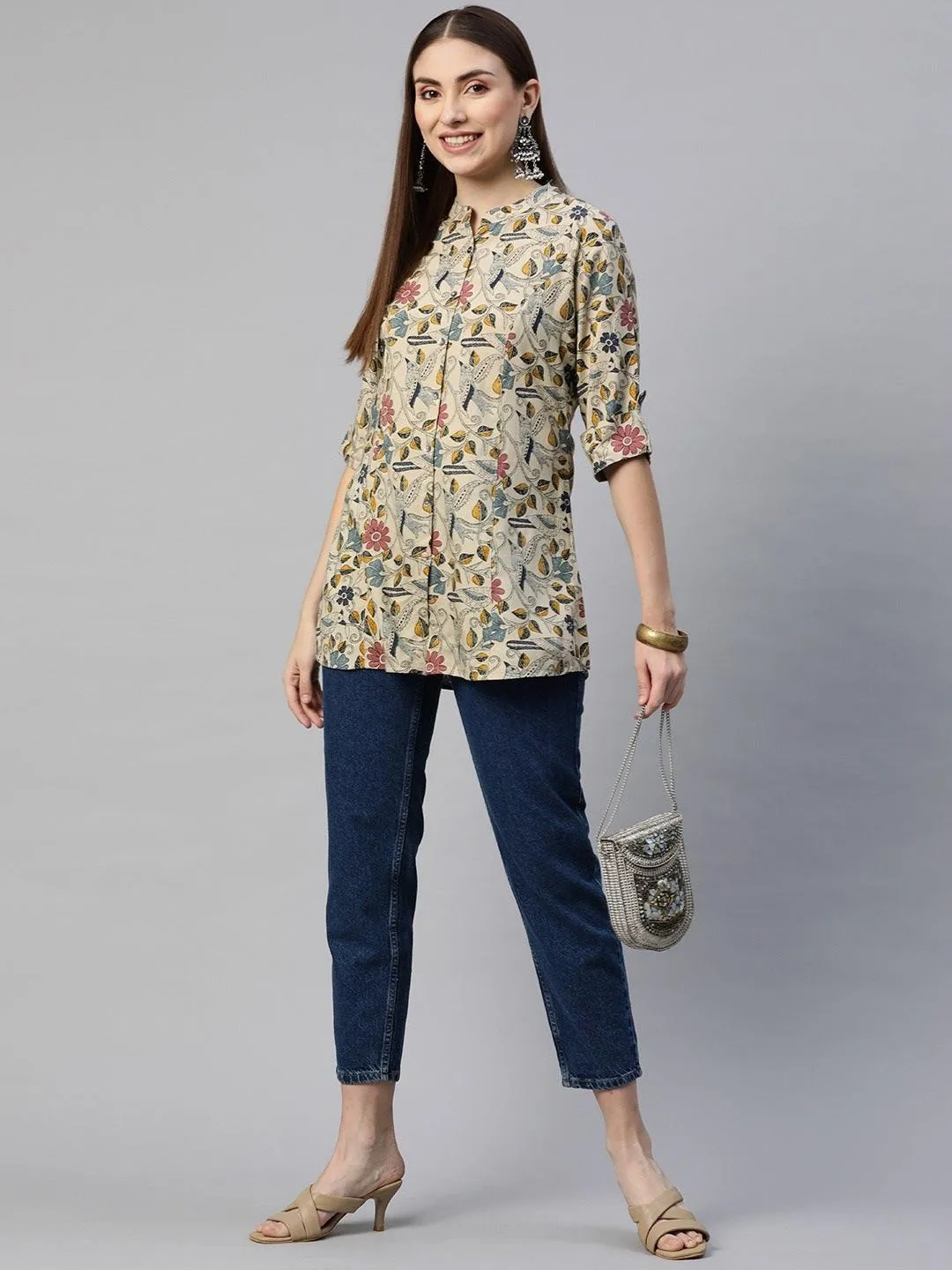 Beige Multi Floral Rayon A-line Shirts Style Top