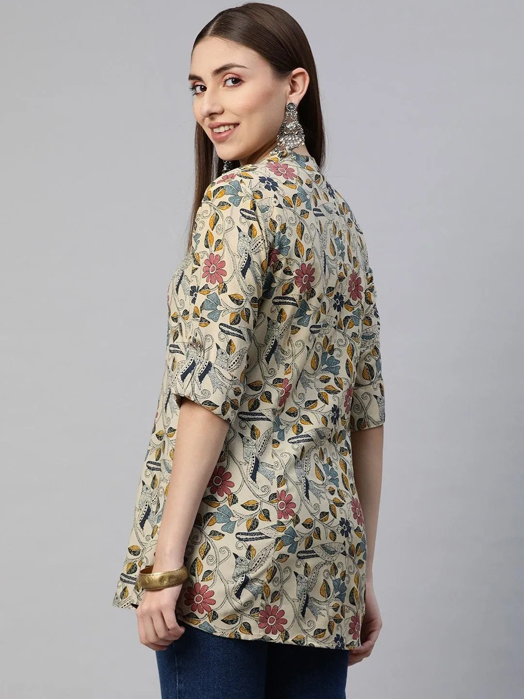 Beige Multi Floral Rayon A-line Shirts Style Top