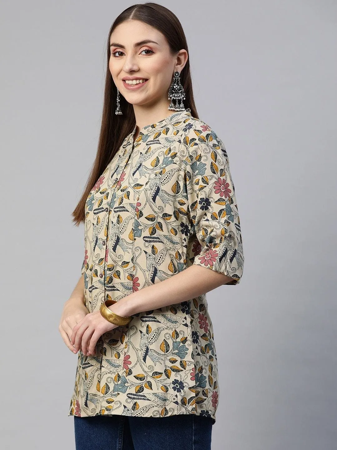 Beige Multi Floral Rayon A-line Shirts Style Top