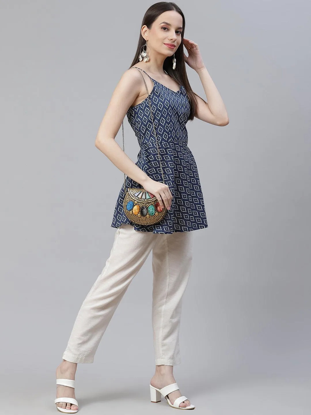 Blue geometric Printed Shoulder Strip Cotton Top