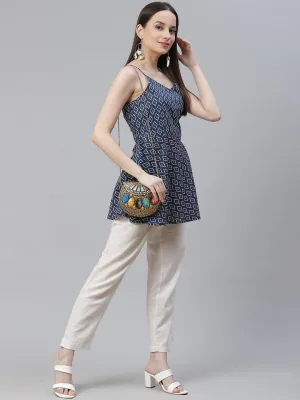 Blue geometric Printed Shoulder Strip Cotton Top