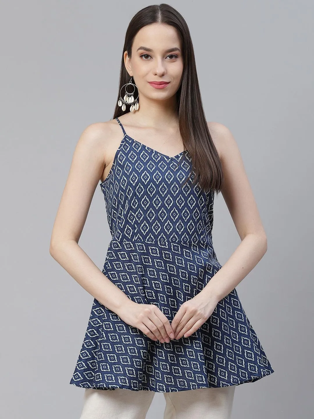 Blue geometric Printed Shoulder Strip Cotton Top