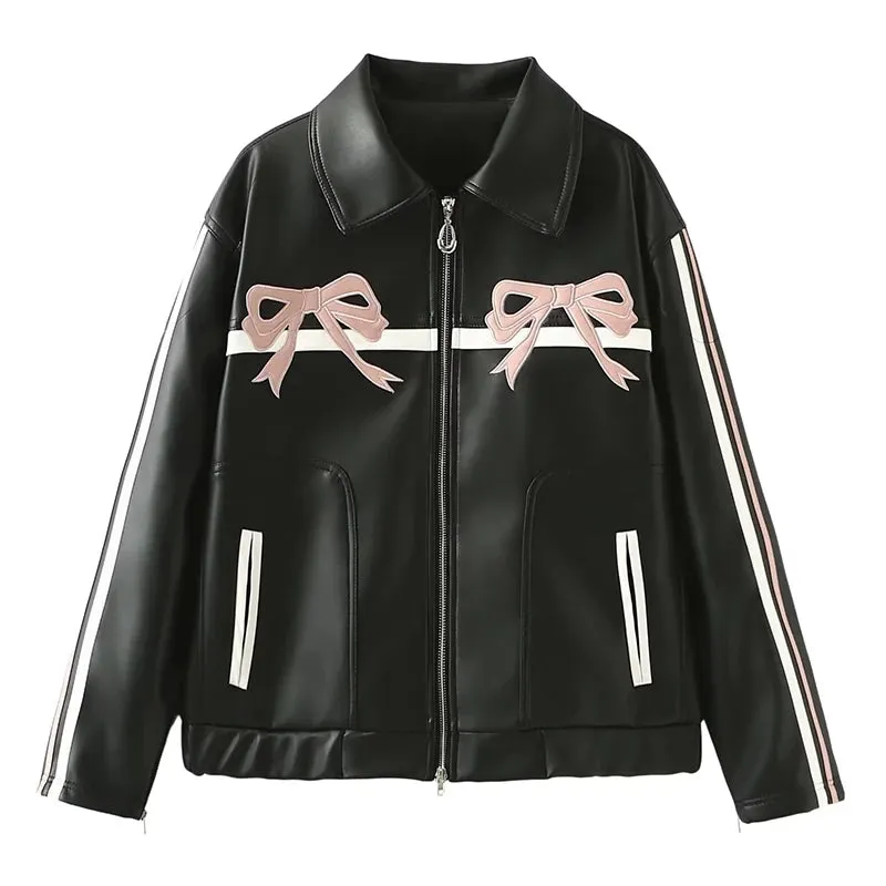 Chic Women's Faux Leather Bow Jacket - Trendy Streetwear with Zipper Closure, Retro Lapel and Full Sleeves for All-Season Style