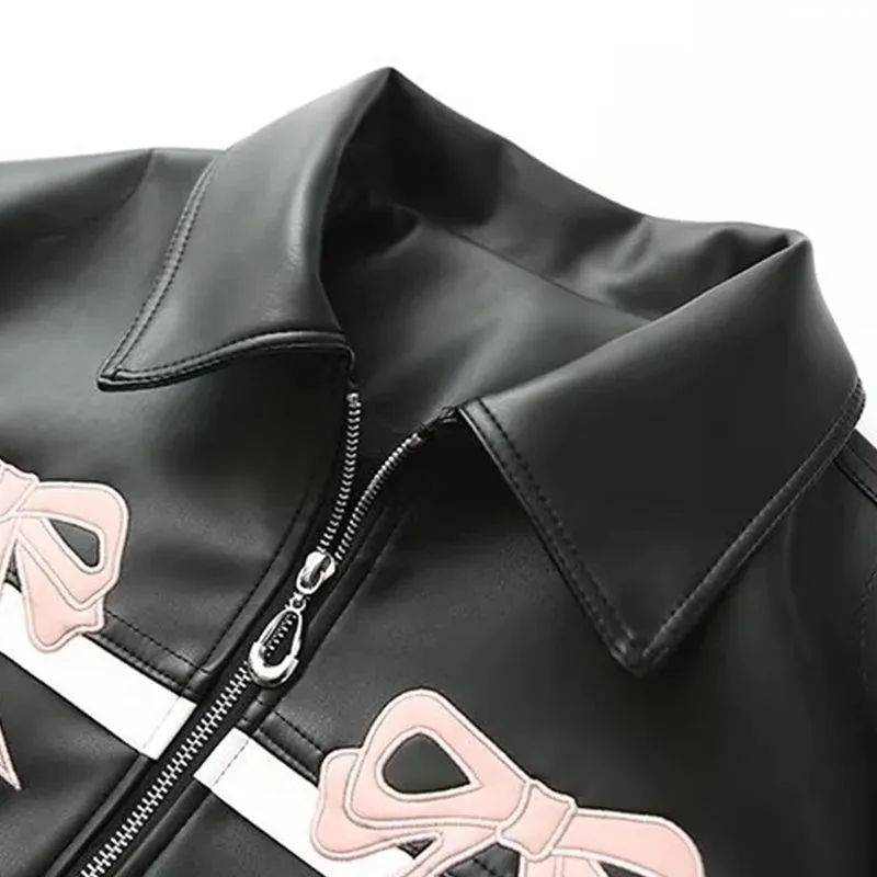 Chic Women's Faux Leather Bow Jacket - Trendy Streetwear with Zipper Closure, Retro Lapel and Full Sleeves for All-Season Style