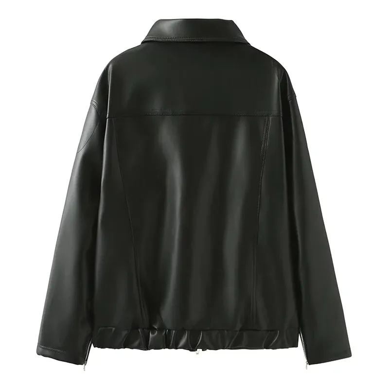 Chic Women's Faux Leather Bow Jacket - Trendy Streetwear with Zipper Closure, Retro Lapel and Full Sleeves for All-Season Style