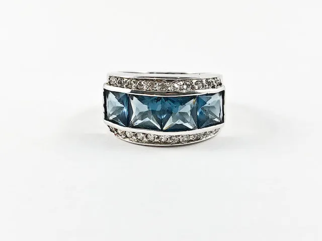 Classic Elegant 3 Row Dark Blue CZ Center Square Cut Silver Ring