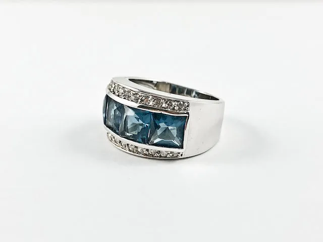 Classic Elegant 3 Row Dark Blue CZ Center Square Cut Silver Ring