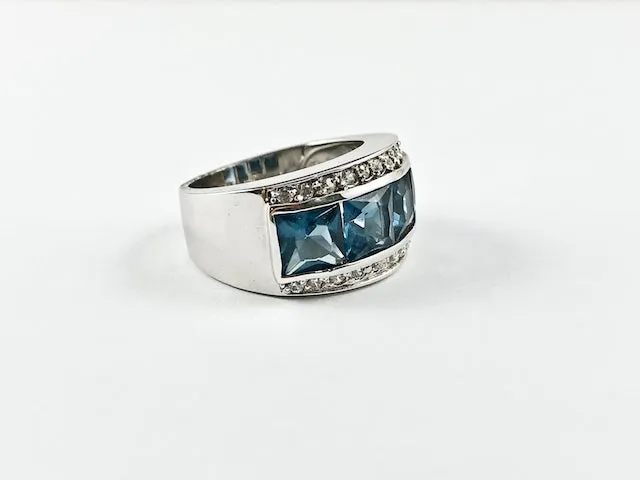 Classic Elegant 3 Row Dark Blue CZ Center Square Cut Silver Ring