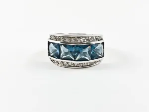 Classic Elegant 3 Row Dark Blue CZ Center Square Cut Silver Ring