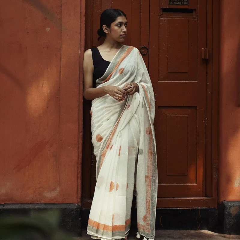 Cotton Printed Saree With Blouse | Geometric Pattern | White