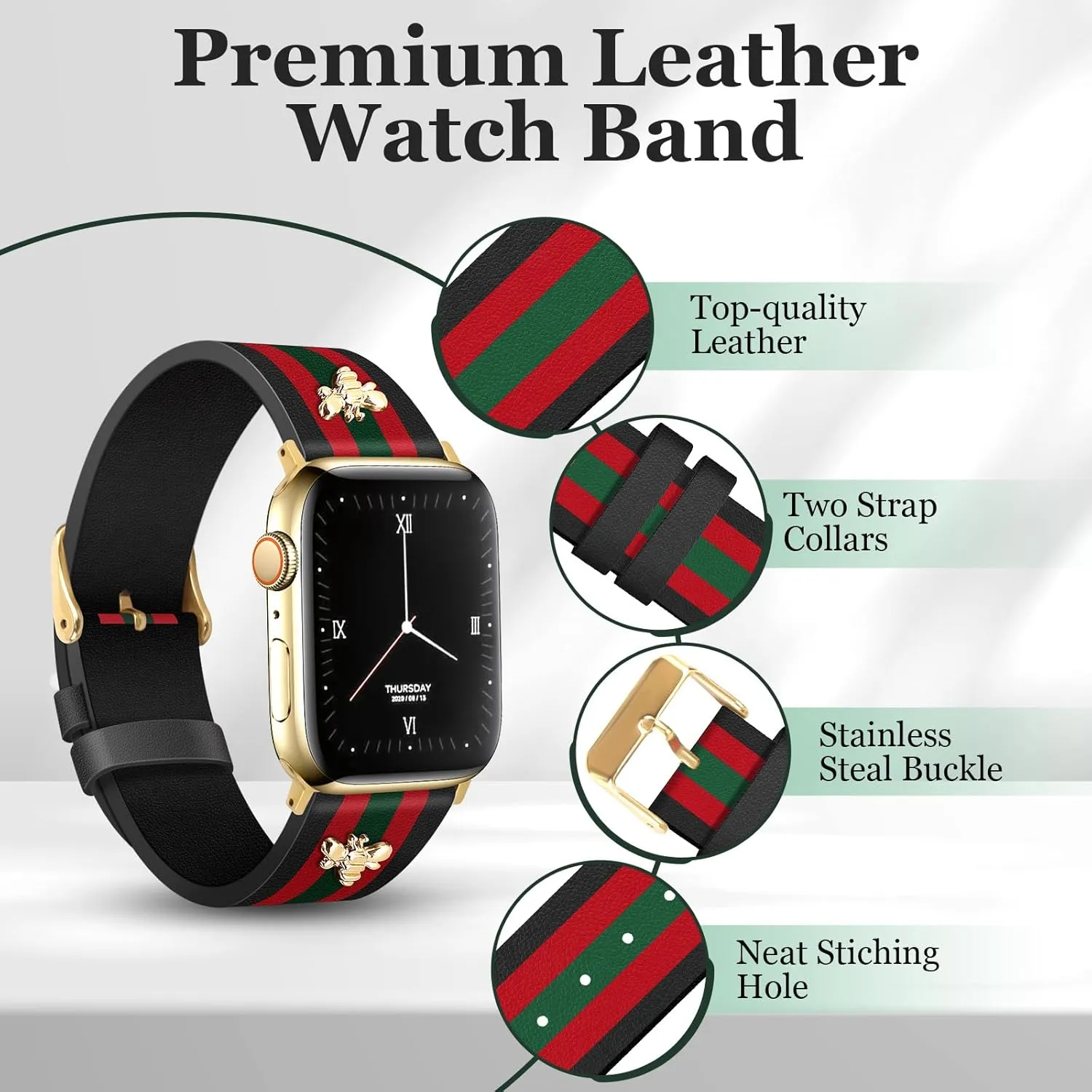 Designer Leather Bands with Charms Compatible with Apple Watch Band 42mm(S10) 44mm 45mm 46mm 49mm Women Men Genuine Leather Elegant Strap for iWatch Series 10/9/8/7/6/5/4/3/2/1/SE/Ultra