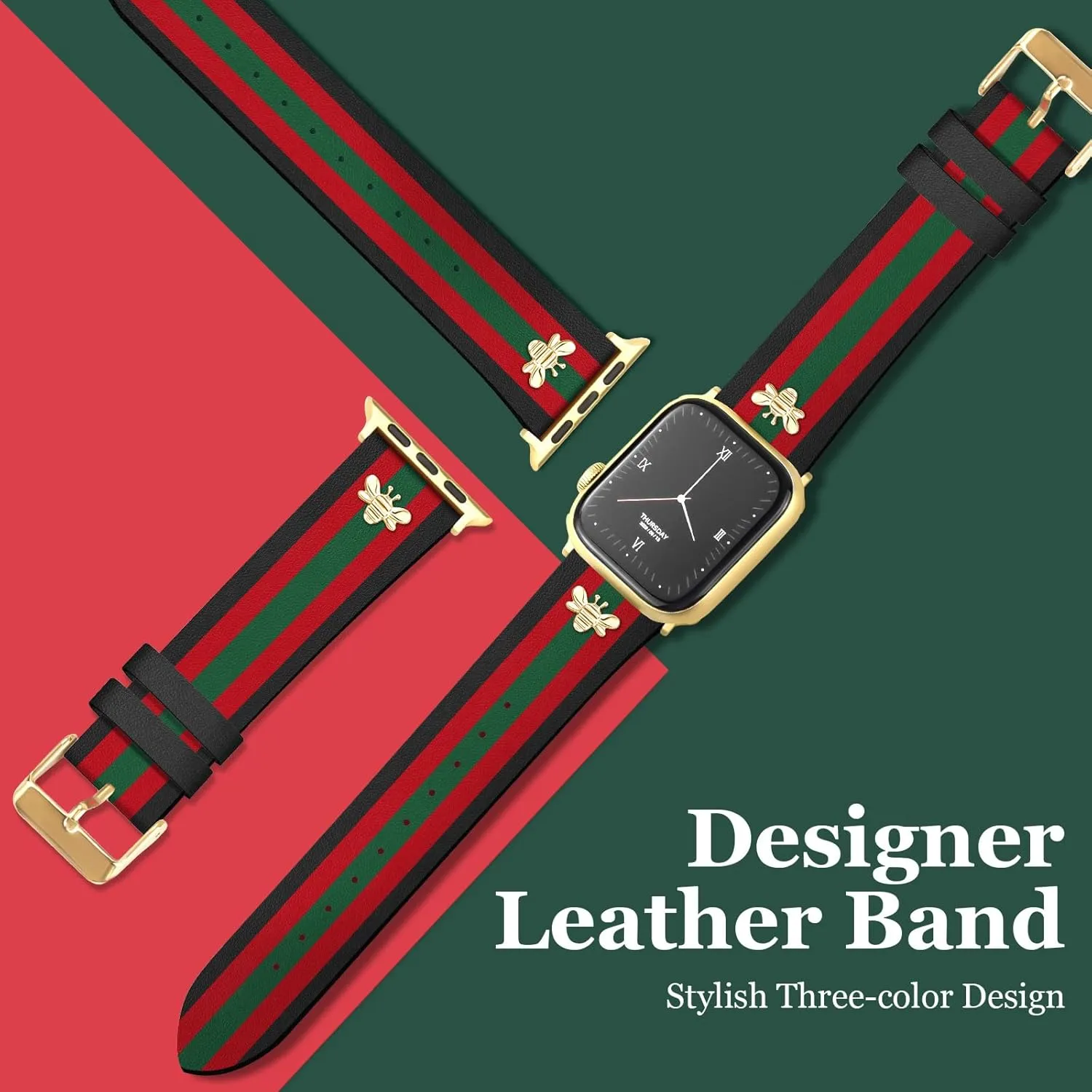 Designer Leather Bands with Charms Compatible with Apple Watch Band 42mm(S10) 44mm 45mm 46mm 49mm Women Men Genuine Leather Elegant Strap for iWatch Series 10/9/8/7/6/5/4/3/2/1/SE/Ultra
