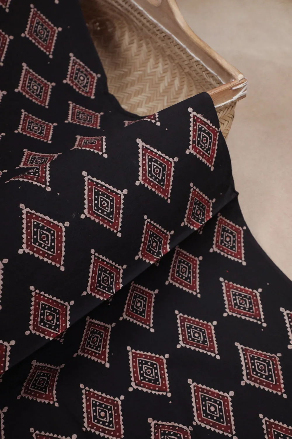 Diagonal Butta on Black Ajrak Cotton Fabric