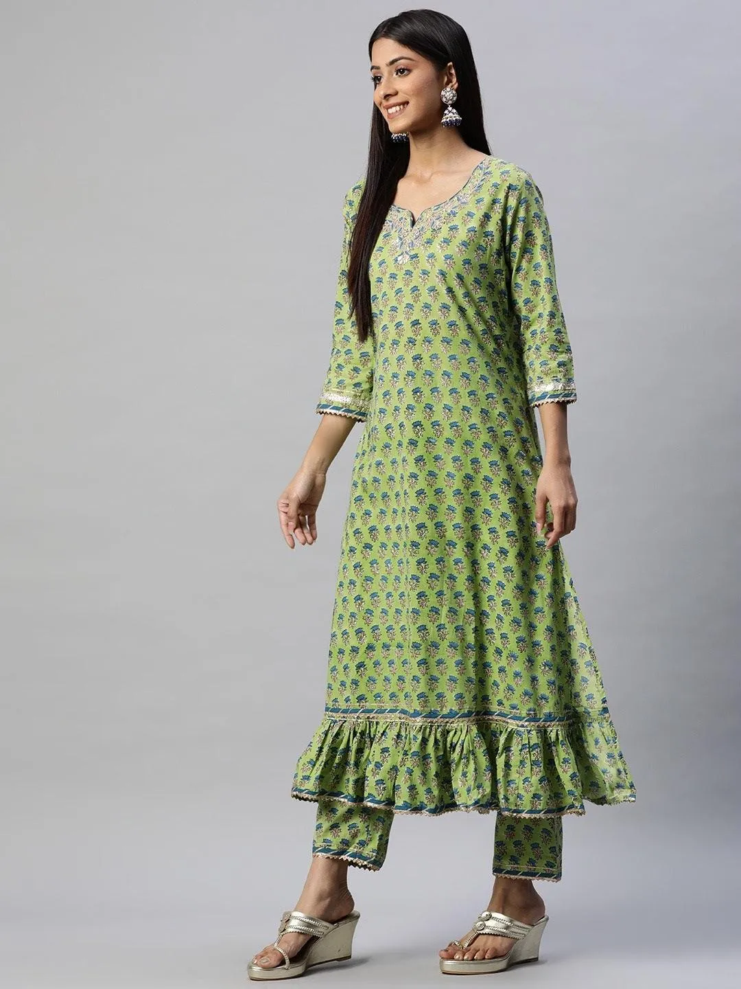 Divena Green Cotton Hand Block Printed Kurta Pant set with Dupatta