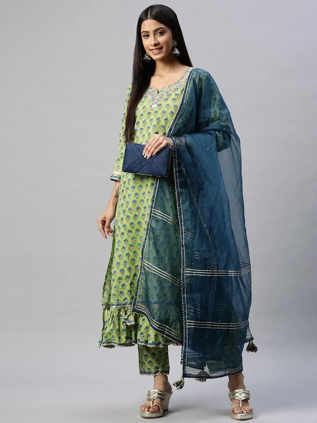 Divena Green Cotton Hand Block Printed Kurta Pant set with Dupatta