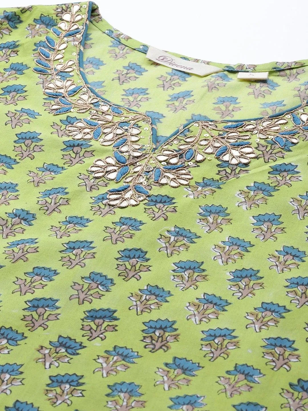 Divena Green Cotton Hand Block Printed Kurta Pant set with Dupatta