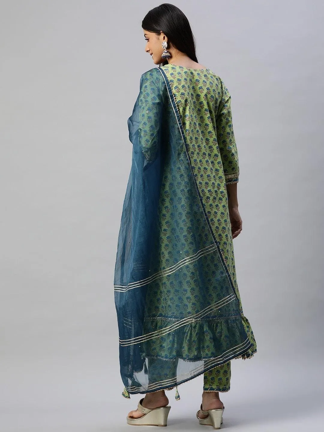 Divena Green Cotton Hand Block Printed Kurta Pant set with Dupatta