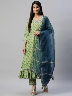 Divena Green Cotton Hand Block Printed Kurta Pant set with Dupatta