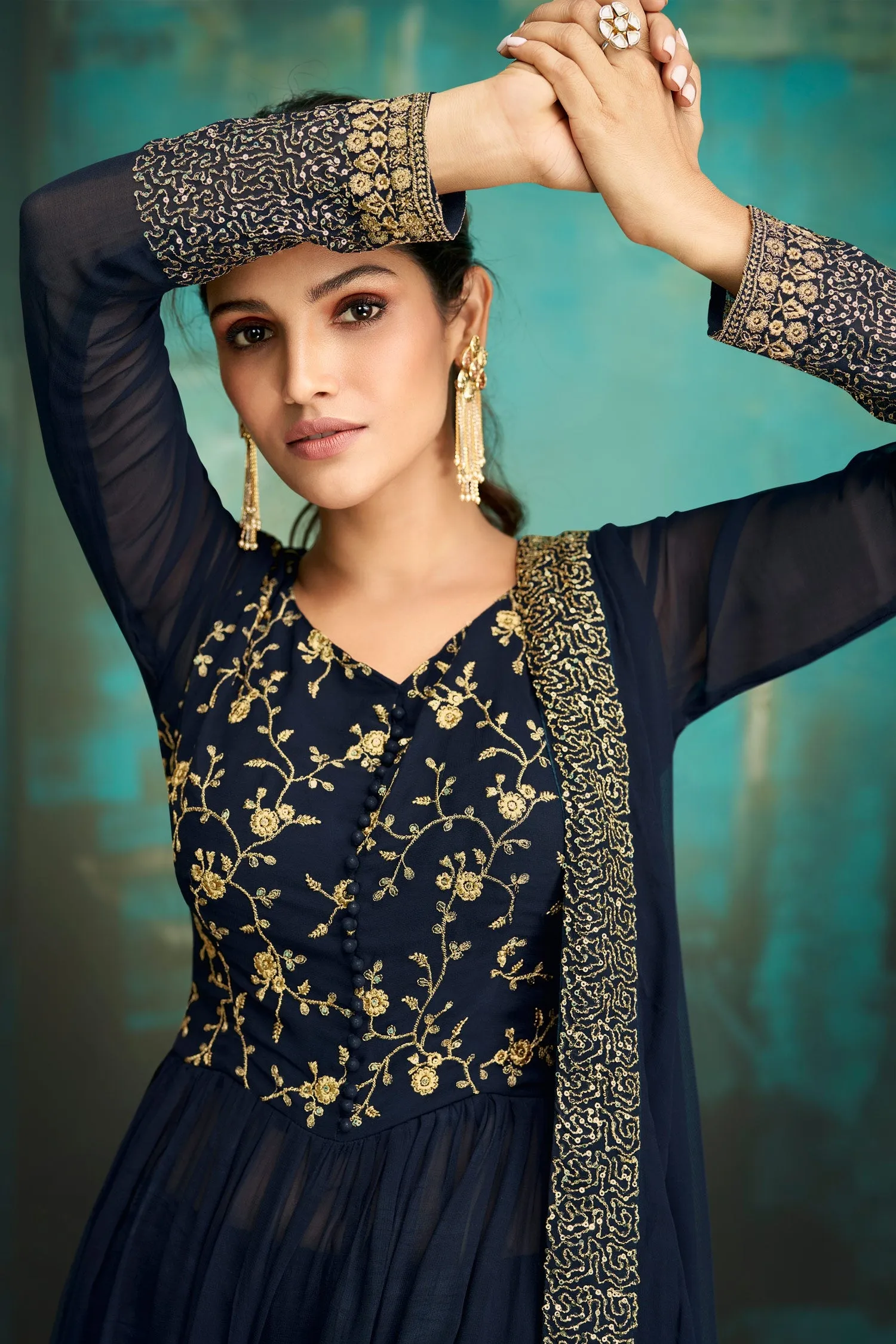 Gharara Style Navy Blue Embroidered Sharara Suit