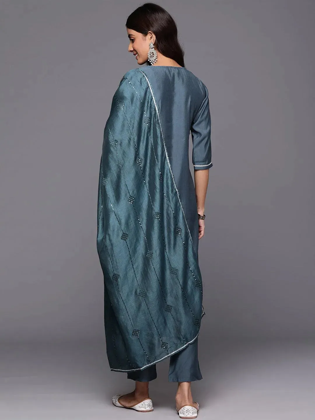 Grey Yoke Design Silk Blend Straight Suit With Dupatta