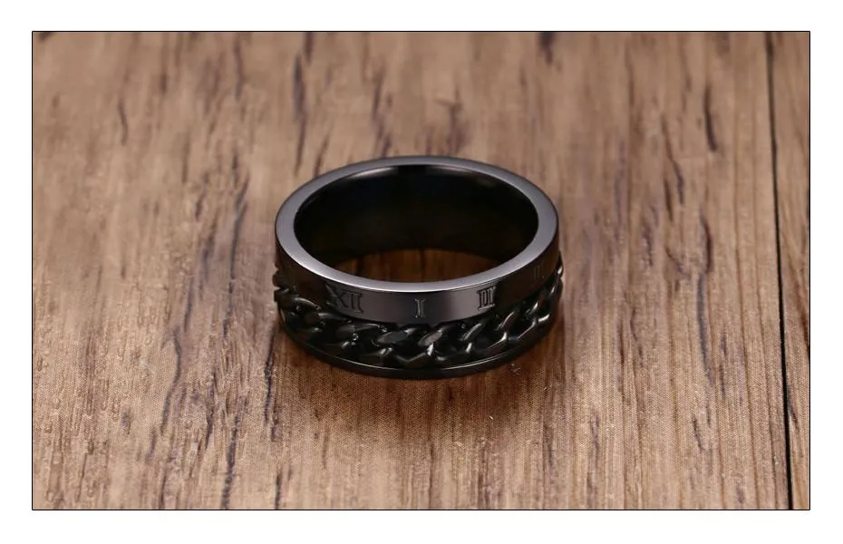 Konviction Roman Numeral &amp Chain Steel Spinner Ring