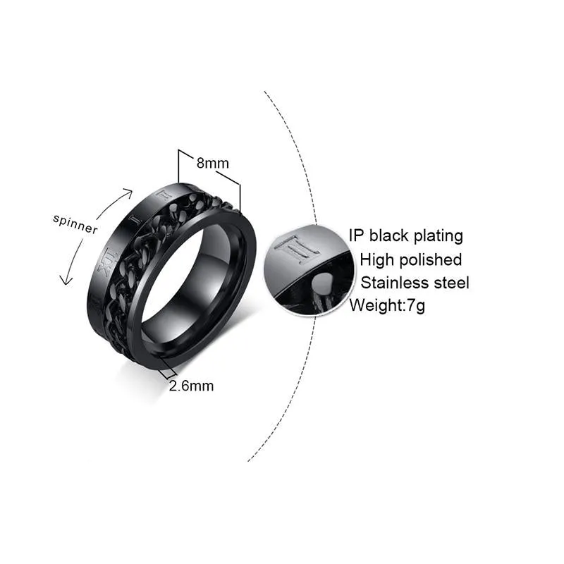 Konviction Roman Numeral &amp Chain Steel Spinner Ring