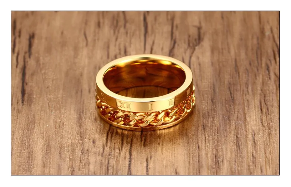 Konviction Roman Numeral &amp Chain Steel Spinner Ring