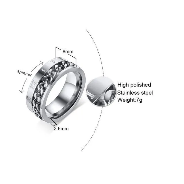 Konviction Roman Numeral &amp Chain Steel Spinner Ring