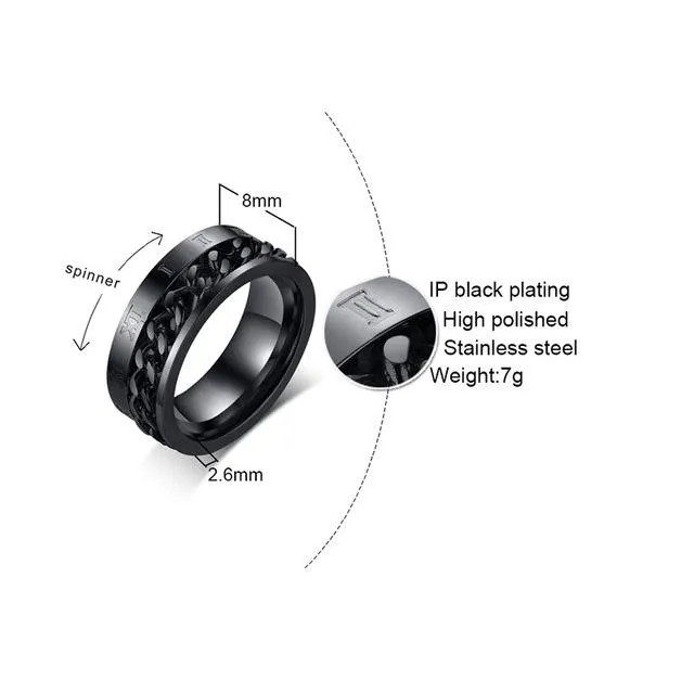Konviction Roman Numeral &amp Chain Steel Spinner Ring