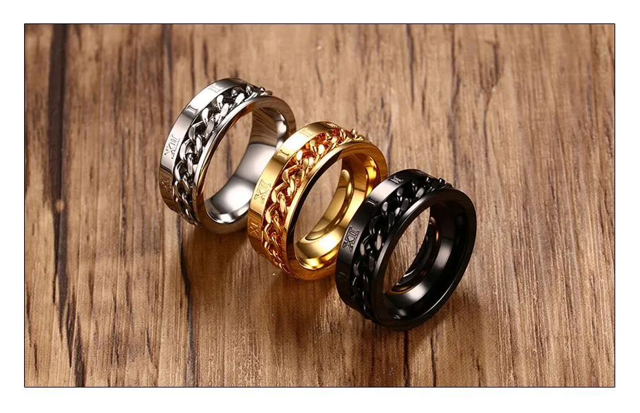Konviction Roman Numeral &amp Chain Steel Spinner Ring