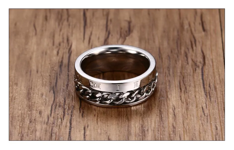 Konviction Roman Numeral &amp Chain Steel Spinner Ring