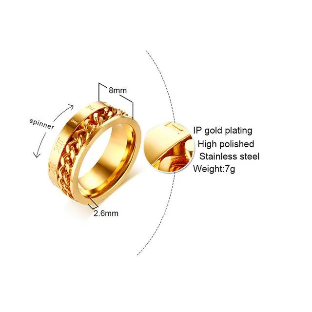 Konviction Roman Numeral &amp Chain Steel Spinner Ring