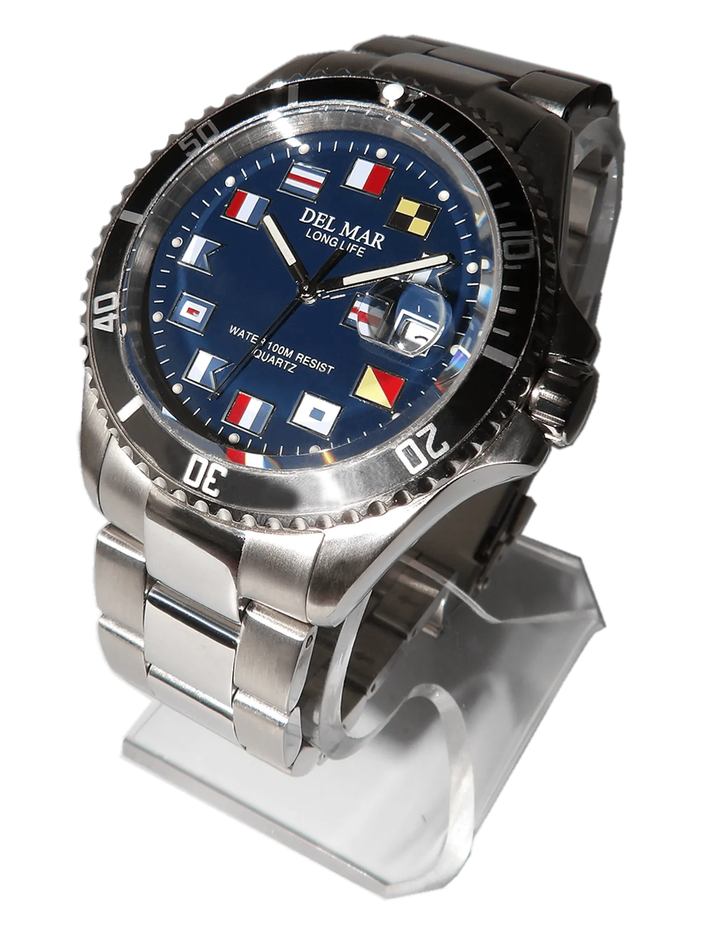 Men's Long Life Nautical Blue Face/Black Bezel SS Watch #50404
