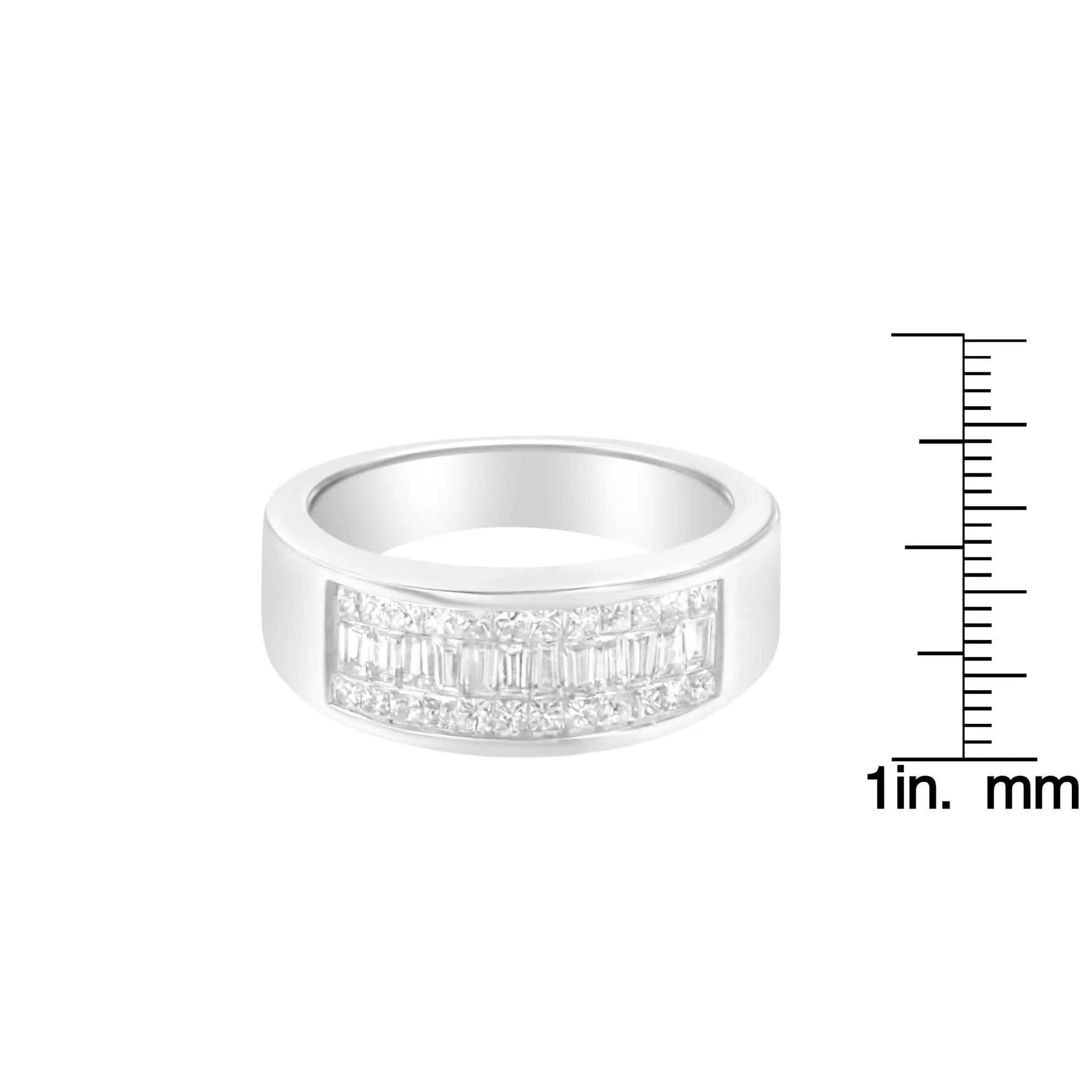 Modern 14K White Gold Triple Row Diamond Ring with Princess and Baguette Cuts (1.0 Cttw, H-I)