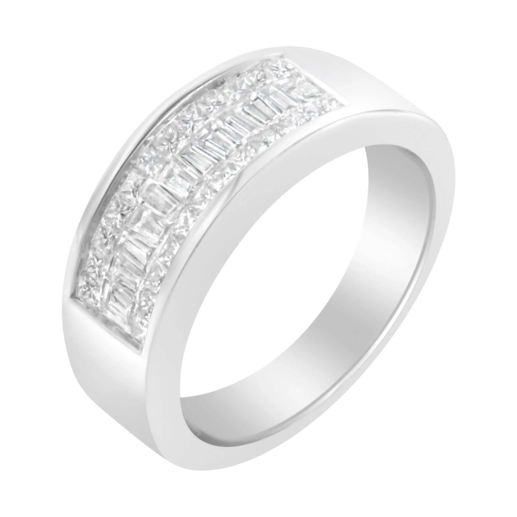 Modern 14K White Gold Triple Row Diamond Ring with Princess and Baguette Cuts (1.0 Cttw, H-I)