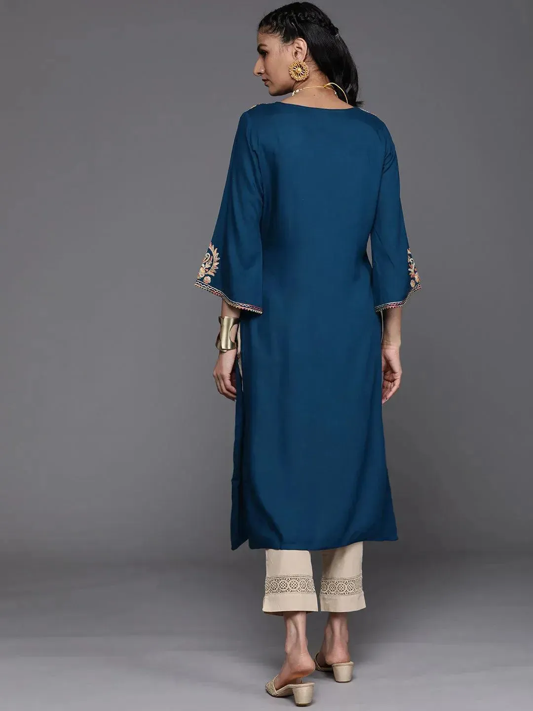 Navy Blue Embroidered Rayon Kurta
